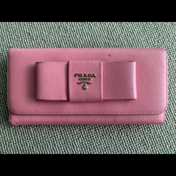 PRADA pink bow wallet leather women’s snap closure organizer bag zipper money - Picture 1 of 13